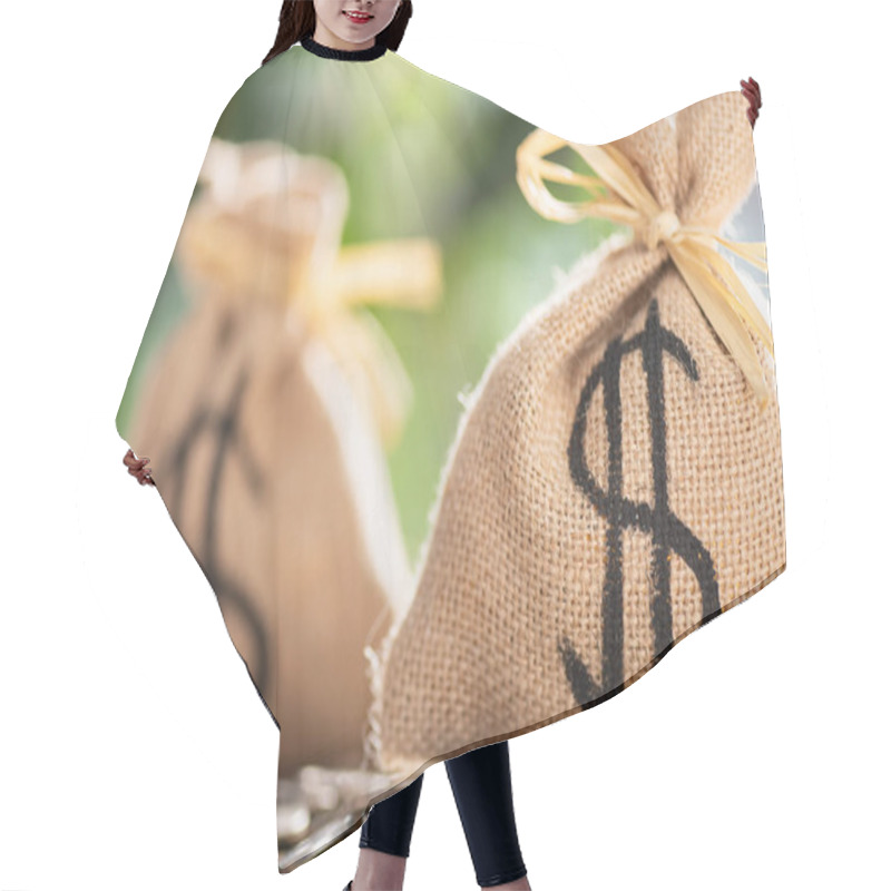 Personality  Close-up View Of Sackcloth Bags With Dollar Sign And Coins Hair Cutting Cape