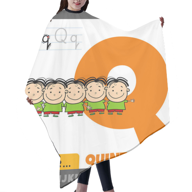 Personality  Educational Cartoon Illustration Of Letter Q From Alphabet With Quintuplets Kids Characters Hair Cutting Cape