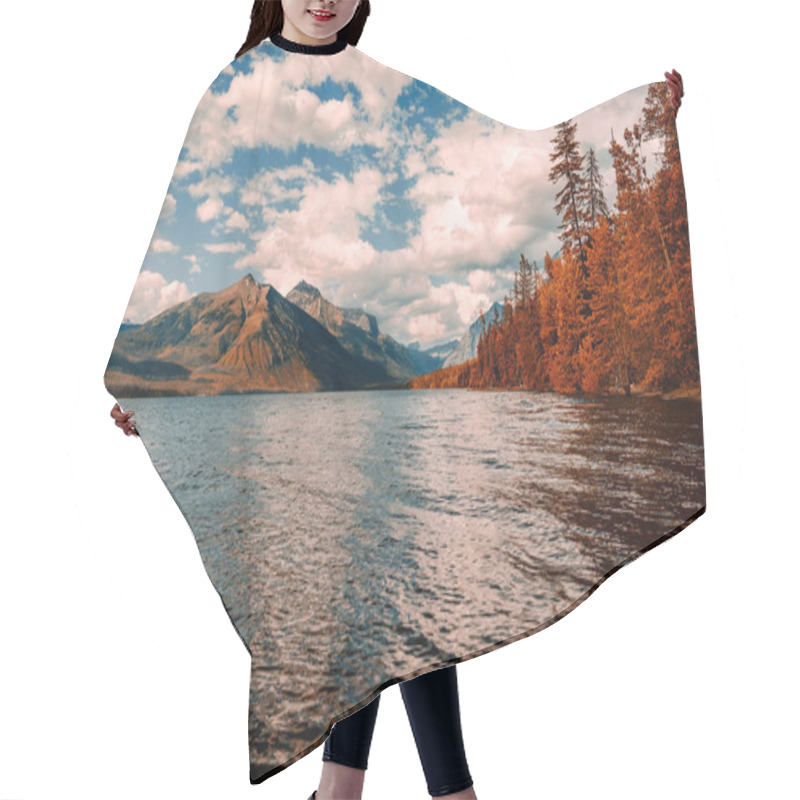 Personality  Lake With High Mountains In Glacier National Park, Montana. Blue Sky With Clouds And Foliage Trees Hair Cutting Cape