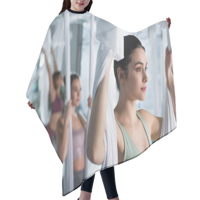 Personality  Pretty Sportswoman Stretching Arms With Aerial Yoga Strap In Fitness Center Hair Cutting Cape