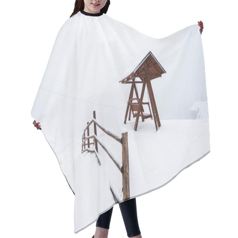 Personality  Wooden Fence And Swing In Snowy Mountain Village In Fog Hair Cutting Cape