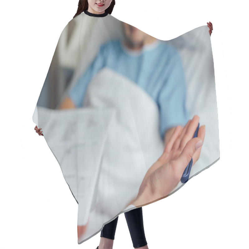 Personality  Cropped View Of Doctor Holding Diagnosis And Consulting Patient Lying In Hospital Bed  Hair Cutting Cape