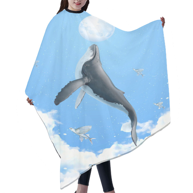 Personality  Surreal Scene Of Humpback Whale Breaching Above Clouds And Reaching The Silver Moon, 3d Illustration Hair Cutting Cape