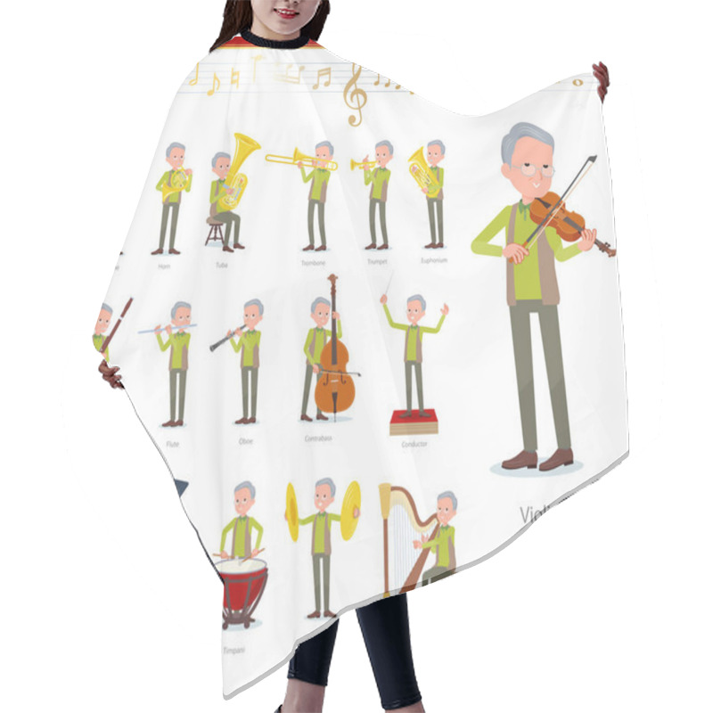 Personality  A Set Of Old Man On Classical Music Performances.There Are Actions To Play Various Instruments Such As String Instruments And Wind Instruments.It's Vector Art So It's Easy To Edit. Hair Cutting Cape