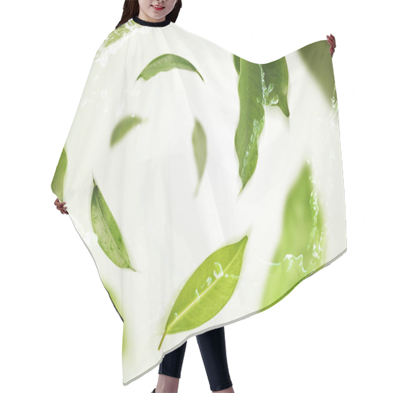 Personality  Vividly Flying In The Air Green Tea Leaves Isolated On White Bac Hair Cutting Cape