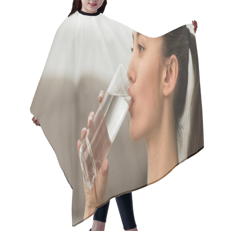 Personality  Healthy Liquid. Woman Drinking Cold Still Water From Glass Hair Cutting Cape