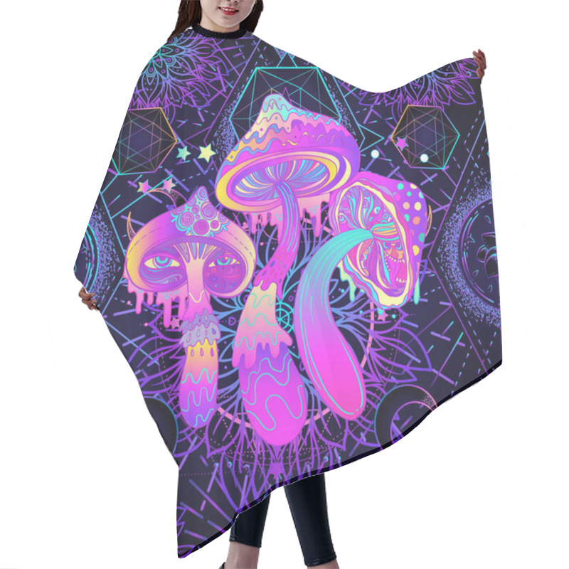 Personality  Psychedelic Seamless Pattern With Magic Mushrooms Over Sacred Geometry. Vector Repeating Illustration. Psychedelic Concept. Rave Party, Trance Music. Hair Cutting Cape