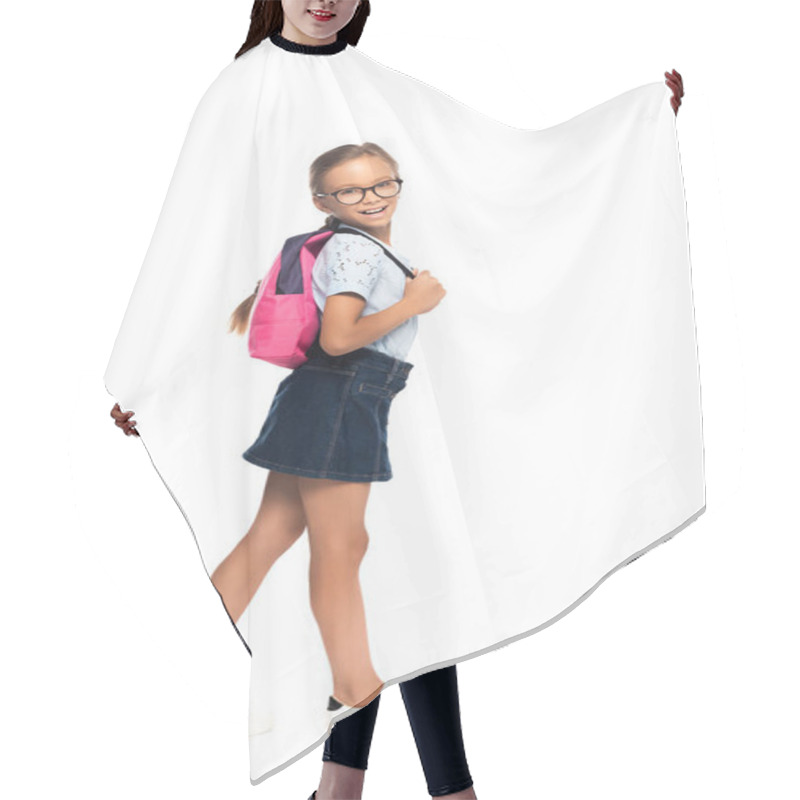 Personality  Schoolgirl In Glasses Standing And Touching Backpack Isolated On White  Hair Cutting Cape