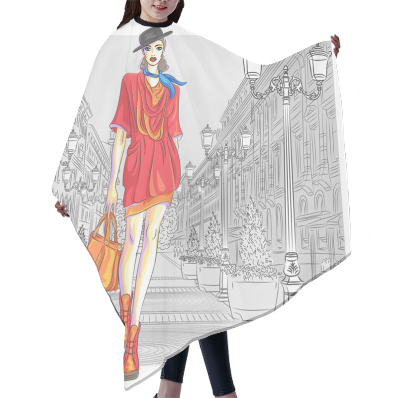 Personality  Vector Attractive Fashion Girl Goes For St. Petersburg Hair Cutting Cape