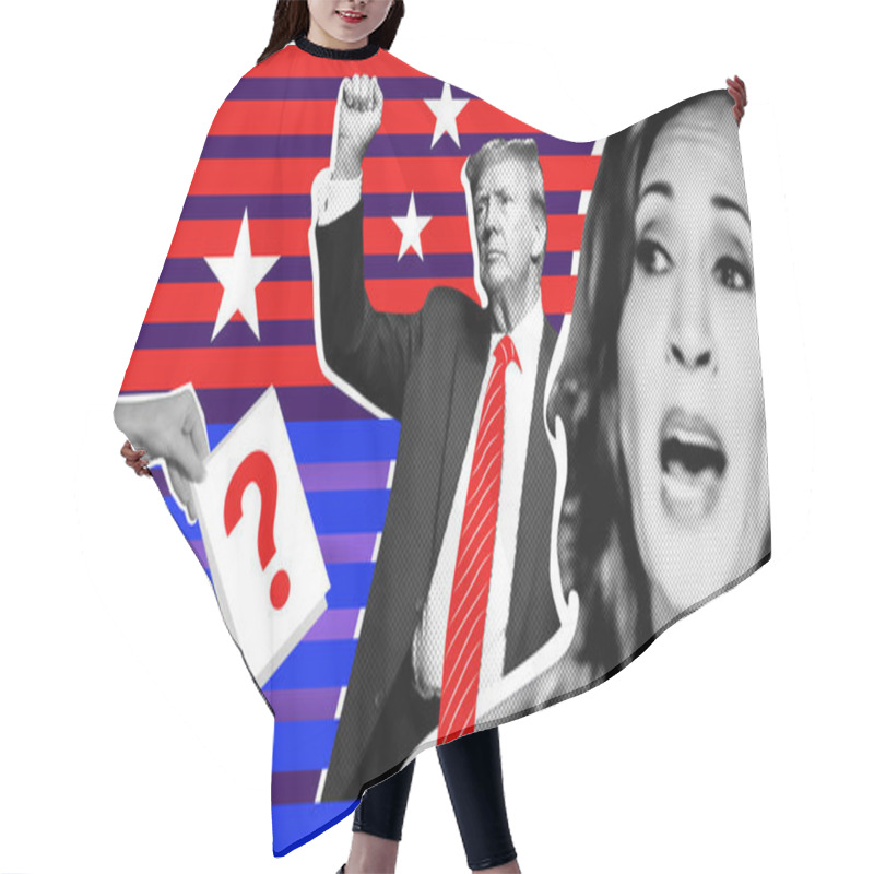 Personality  Portrait Of Donald Trump And Kamala Harris. Illustrative Photo Collage With Halftone Effect Hair Cutting Cape