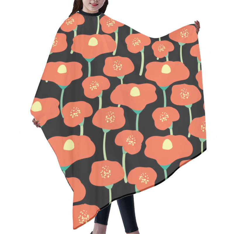 Personality  Red Poppy Flowers Seamless Vector Background. Red Poppies Meadow On Black Background. Flower Field. Retro Floral Background. Hand Drawn Vintage Florals. Wrapping, Wallpaper, Fabric, Scrapbooking, Web Hair Cutting Cape