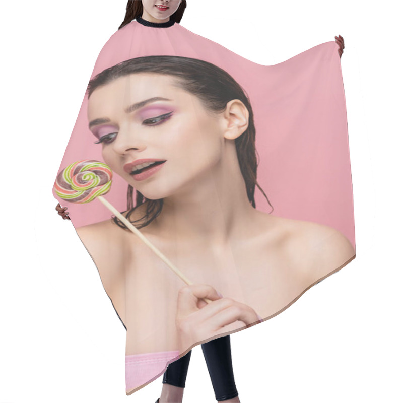 Personality  Young Woman With Bare Shoulders Holding Lollipop Isolated On Pink  Hair Cutting Cape