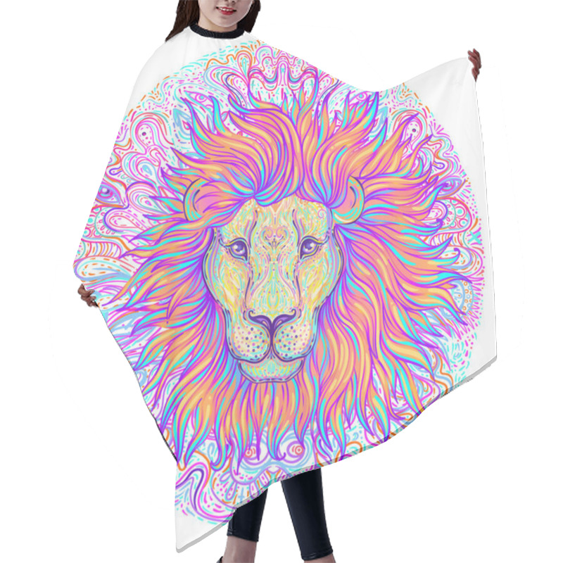 Personality  Patterned Ornate Lion Head. African, Indian, Totem, Tattoo, Sticker Design. Design Of T-shirt, Bag, Postcard And Posters. Vector Isolated Illustration In Bright Neon Colors. Hair Cutting Cape