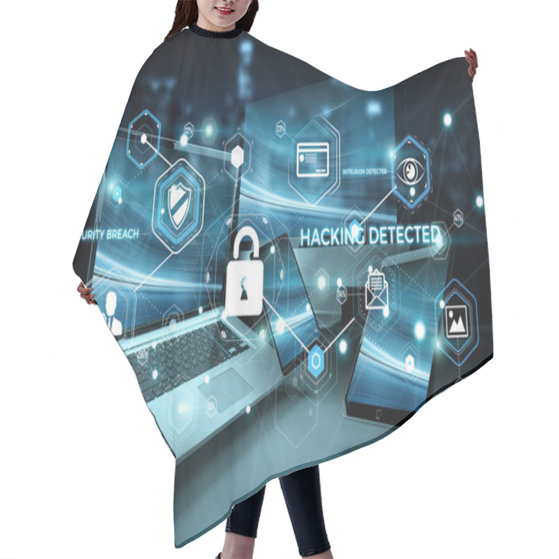 Personality  Antivirus Interface Over Modern Tech Devices 3D Rendering Hair Cutting Cape