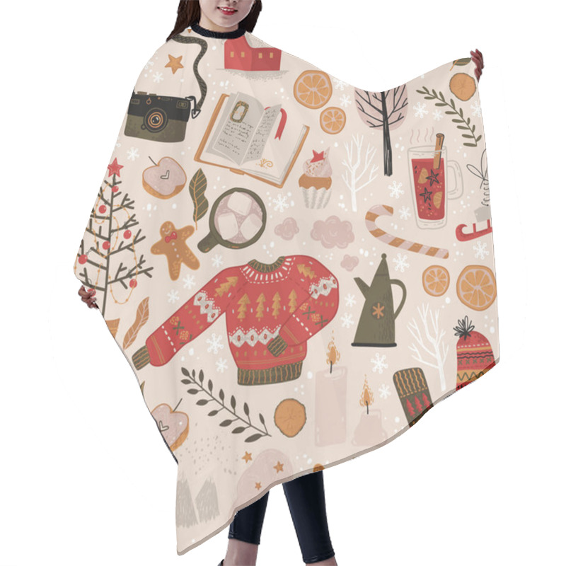 Personality  Winter Holiday Seamless Pattern With Sweater, Snow, Tree, Cocoa And Other Winter Symbols. Christmas And New Year Decorations. Cute Naive Style Hair Cutting Cape