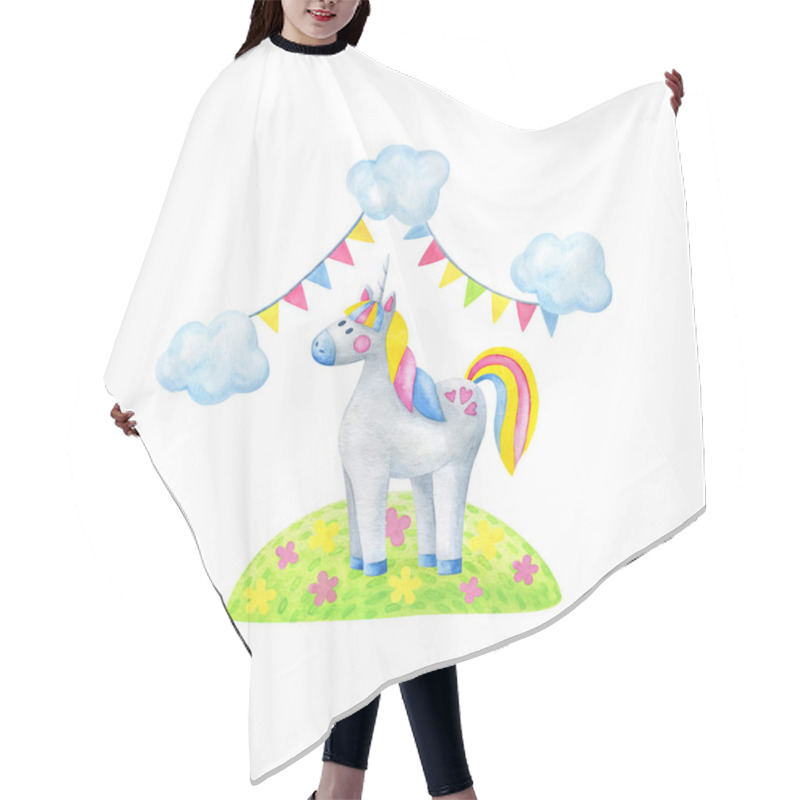 Personality  A Unicorn Stands In A Clearing With Flowers.Cute Composition Wit Hair Cutting Cape