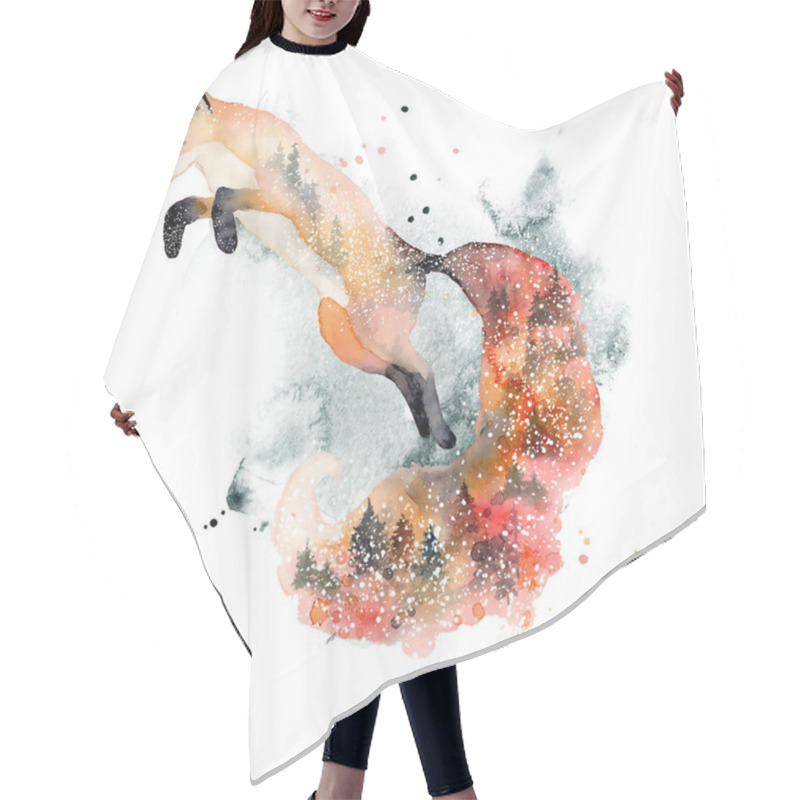 Personality  Watercolor Fox With Double Exposure Effect Animal Illustration Isolated On White Background. Hair Cutting Cape