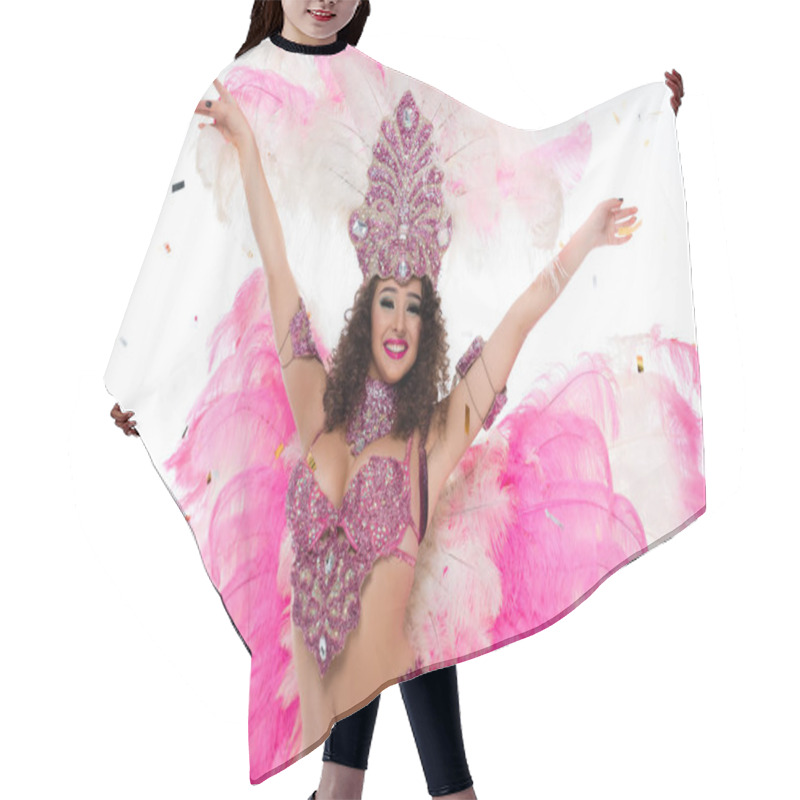 Personality  Happy Woman In Carnival Costume Standing With Arms Outstretched, Isolated On White Hair Cutting Cape