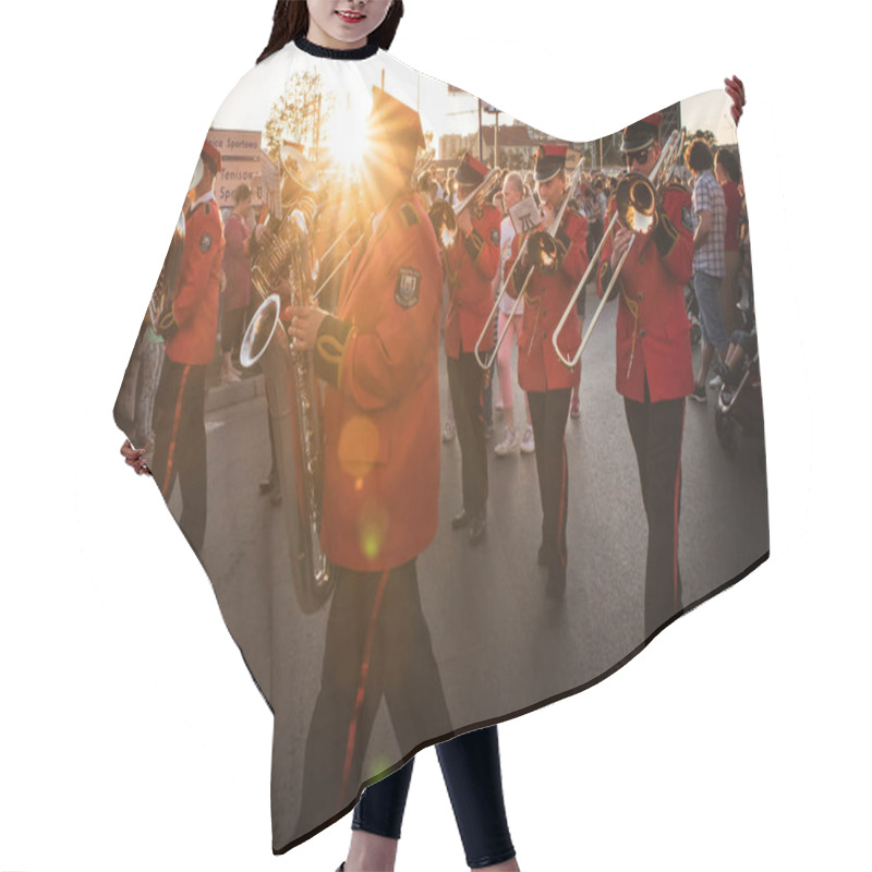 Personality  LUBIN, POLAND - JUNE 8, 2019: Orchestra March Through The Streets To Celebrate The Reopening Of The Railway Line. Hair Cutting Cape