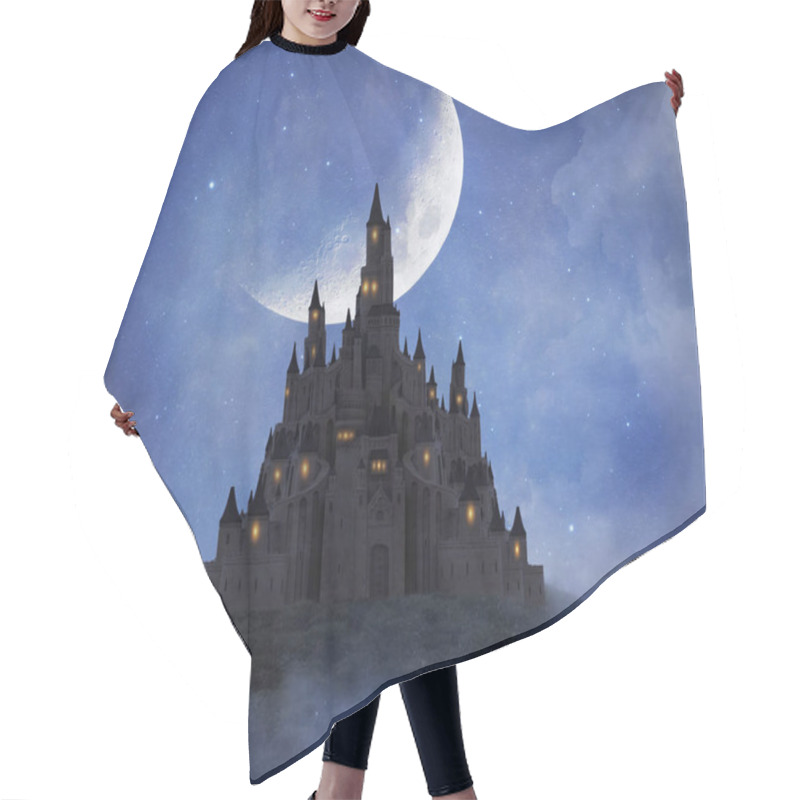 Personality  Fantasy Castle On The Mountain With A Big Moon. 3D Rendering Hair Cutting Cape