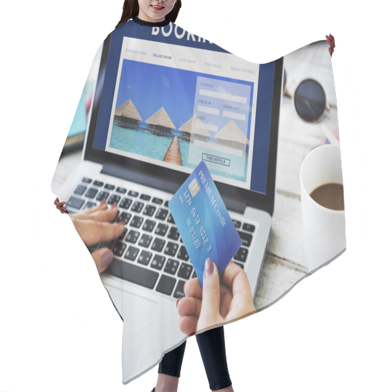 Personality  Person Using Laptop In Vacation Hair Cutting Cape