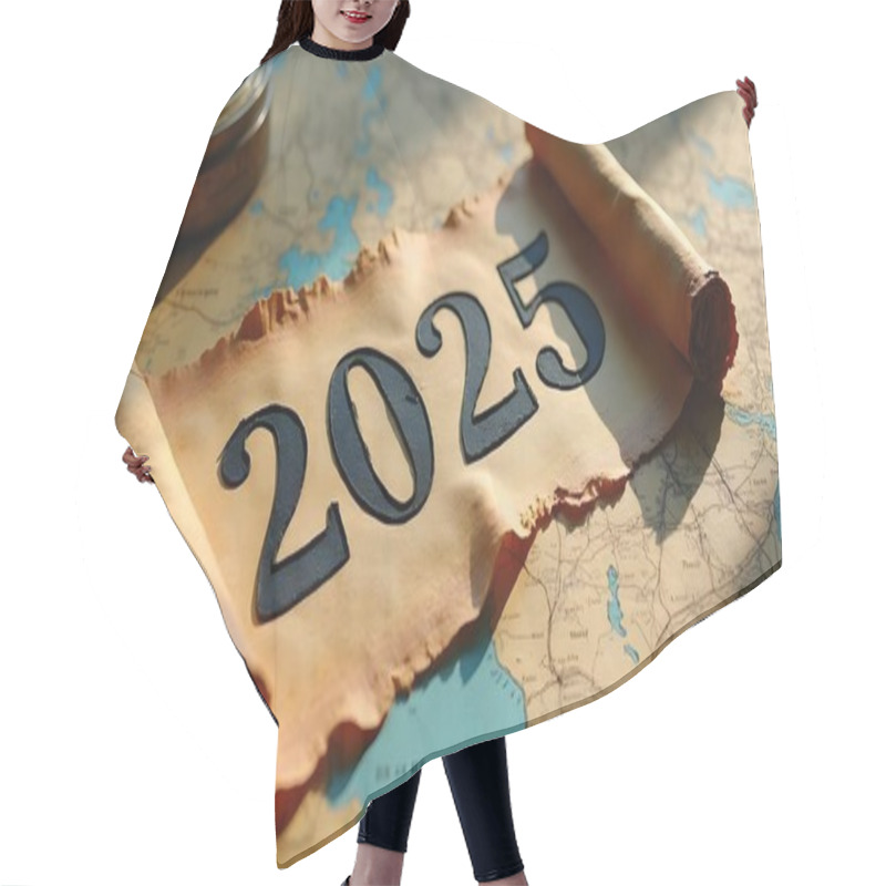 Personality  New Year 2025 On A Map With A Compass And A Map. Hair Cutting Cape