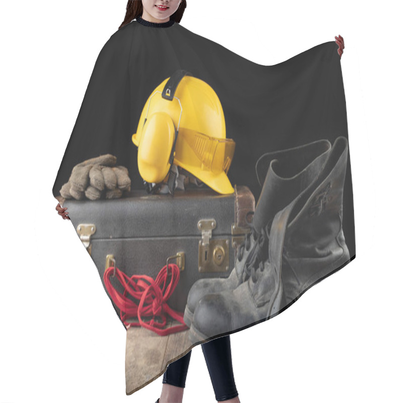 Personality  Helmet Shoes And Gloves On A Travel Suitcase. Working Clothes Pr Hair Cutting Cape