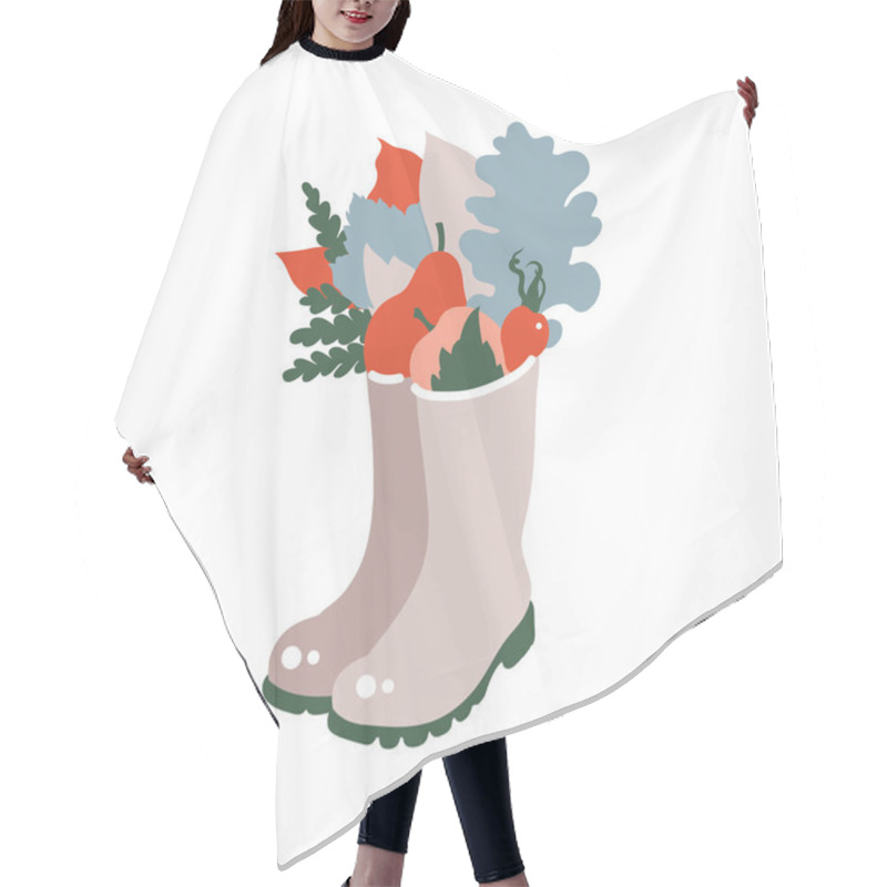 Personality  Celebration Of Harvesting. Print In The Scandinavian Style. Autumn Leaves, Berries, Apples, Pears In Rubber Boots. Vector Illustration. Hair Cutting Cape