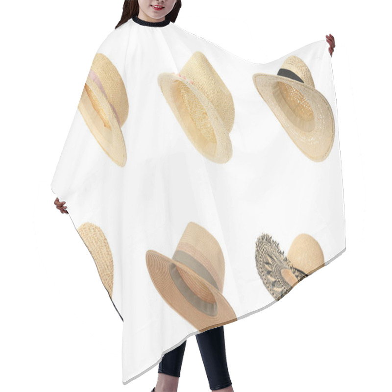 Personality  Set With Different Straw Hats On White Background. Stylish Headdress Hair Cutting Cape