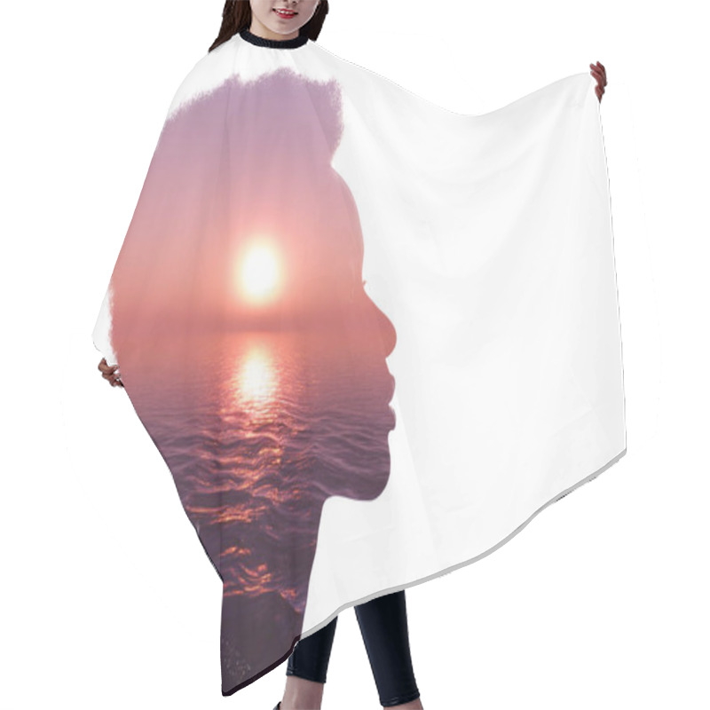 Personality  Multiple Exposure Image With Sunrise And Sea Inside Woman Silhouette. Psychology Concept Hair Cutting Cape