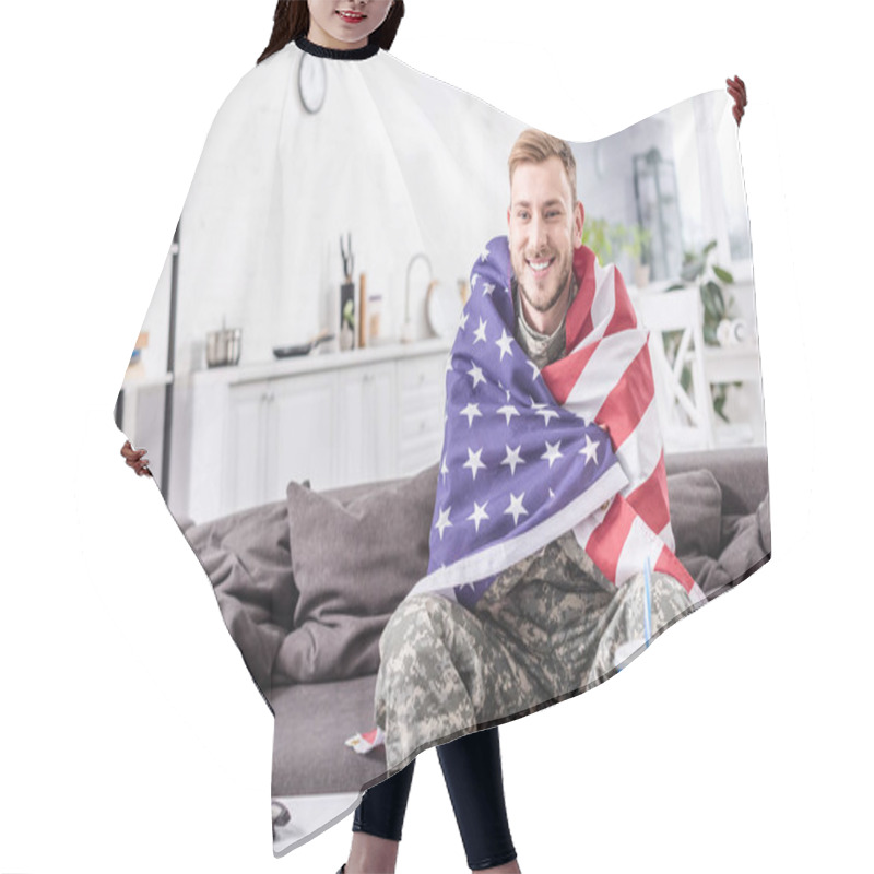 Personality  Smiling Army Soldier Covered In American Flag Sitting On Couch And Watching Football Match Hair Cutting Cape