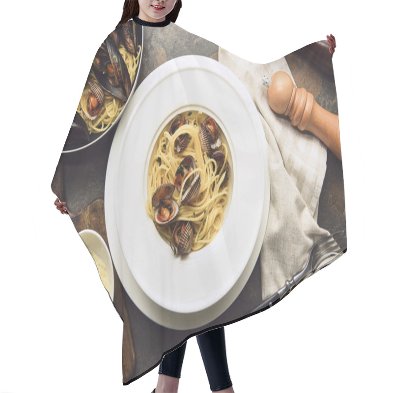 Personality  Top View Of Delicious Pasta With Seafood Served With Grated Cheese On Weathered Grey Background Hair Cutting Cape