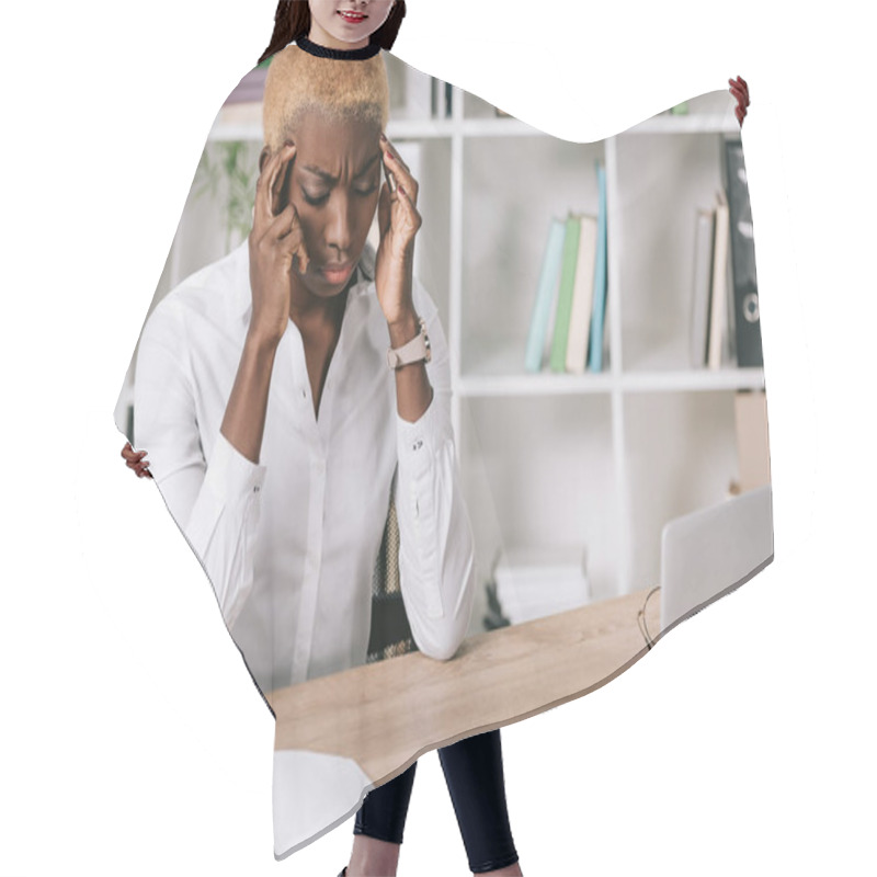 Personality  Stressed African American Businesswoman Holding Head Hair Cutting Cape