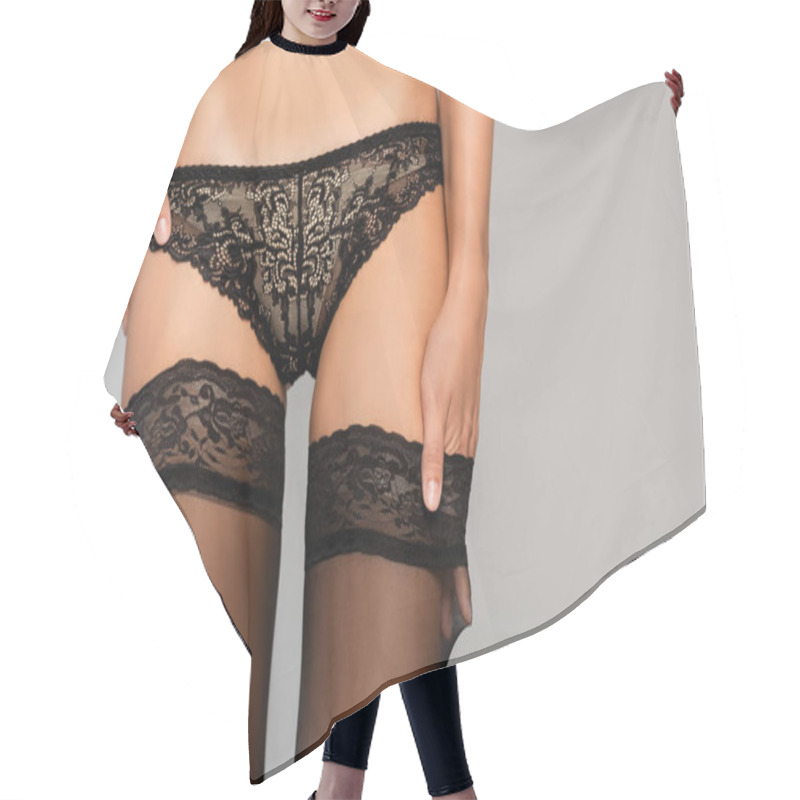 Personality  Cropped View Of Sexy Woman In Lace Lingerie, Holding Hand Under Stocking Isolated On Grey  Hair Cutting Cape