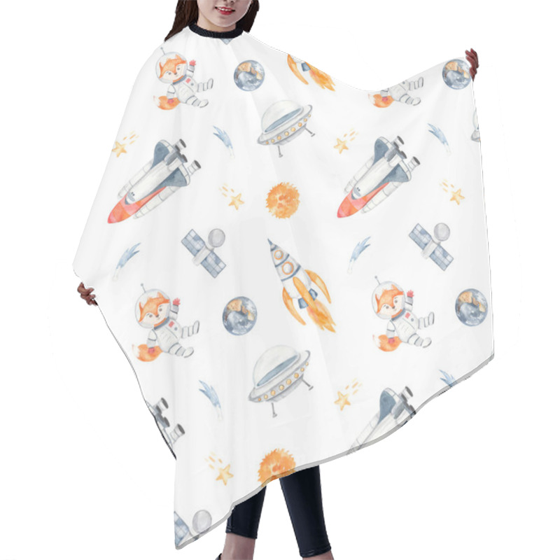 Personality  Fox Spaceaut, Rocket, Flying Saucer, Shuttle, Planets, Stars On A White Background Space Watercolor Seamless Pattern, Little Astronaut Hair Cutting Cape