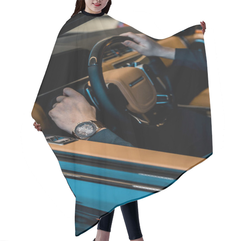 Personality  Cropped Image Of Businessman With Luxury Watch Sitting In Automobile Hair Cutting Cape