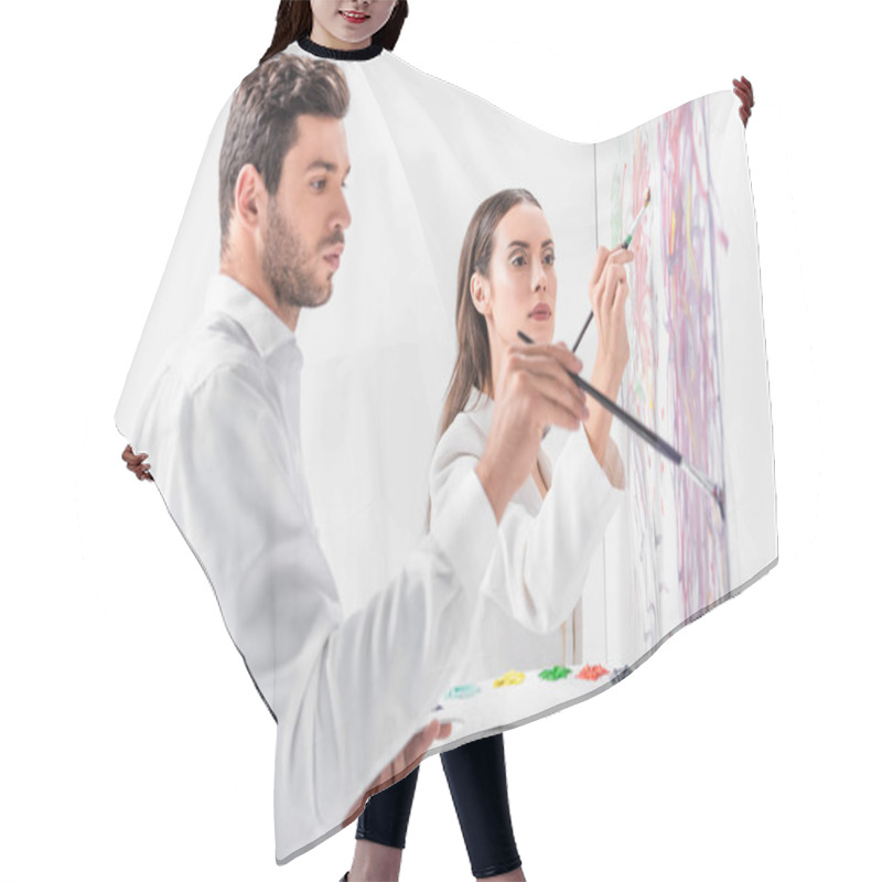 Personality  Close Up Of Adult Couple In Total White Drawing Together On Wall Hair Cutting Cape