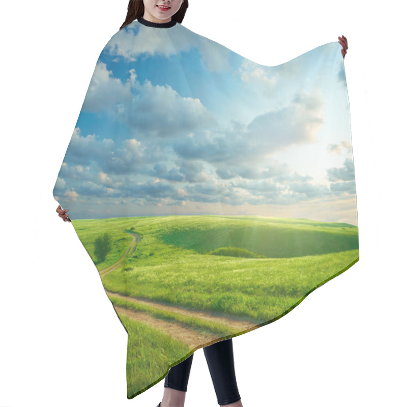 Personality  Summer Landscape With Green Grass, Road And Clouds Hair Cutting Cape