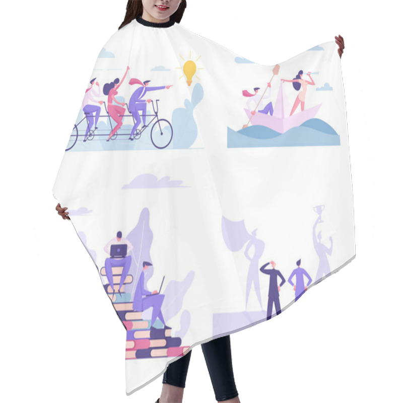 Personality  Set Of Business People Teamwork And Cooperation. Characters Riding Tandem Bicycle, Floating On Paper Ship, Work On Laptop At Huge Pile Of Books, Imagine Super Hero. Cartoon People Vector Illustration Hair Cutting Cape