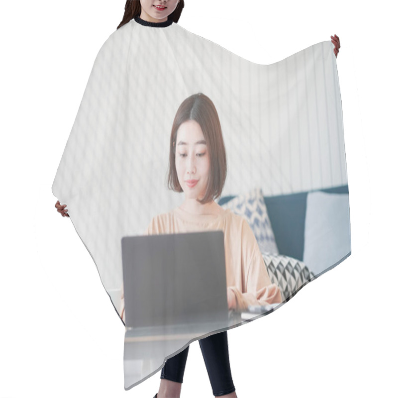 Personality  Asian Young Woman Working Remotely With Laptop In Room At Home Hair Cutting Cape