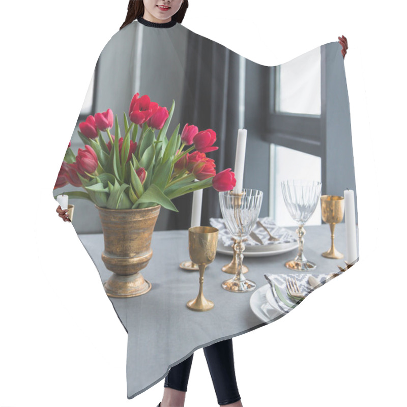 Personality  Close Up View Of Bouquet Of Red Tulips On Tabletop With Arranged Vintage Cutlery And Candles Hair Cutting Cape