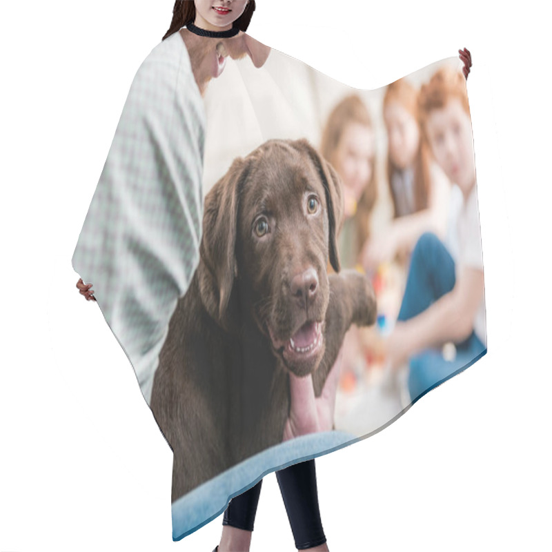 Personality  Father Holding Puppy Hair Cutting Cape