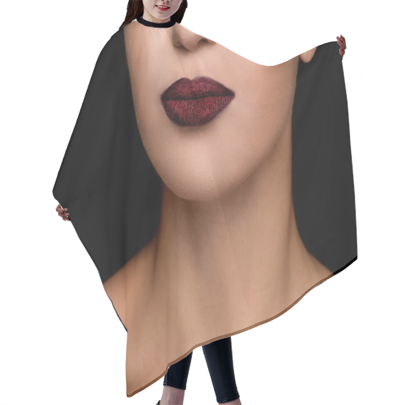 Personality  Fashionable Woman With Dark Lips  Hair Cutting Cape