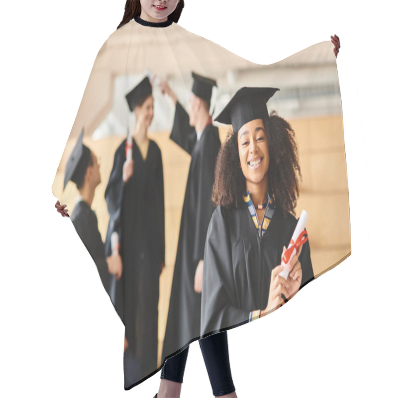 Personality  A Diverse Woman Proudly Stands In A Graduation Cap And Gown, Holding Her Diploma. Hair Cutting Cape