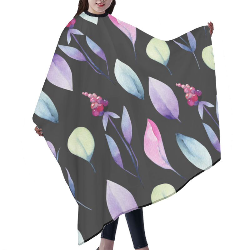 Personality  Watercolor Pastel Leaves And Berries Seamless Pattern, Hand Painted On A Dark Background Hair Cutting Cape