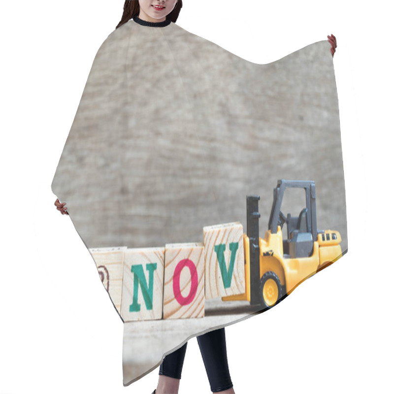 Personality  Toy Forklift Hold Block V To Complete Word 9nov On Wood Background (Concept For Calendar Date 9 In Month November) Hair Cutting Cape