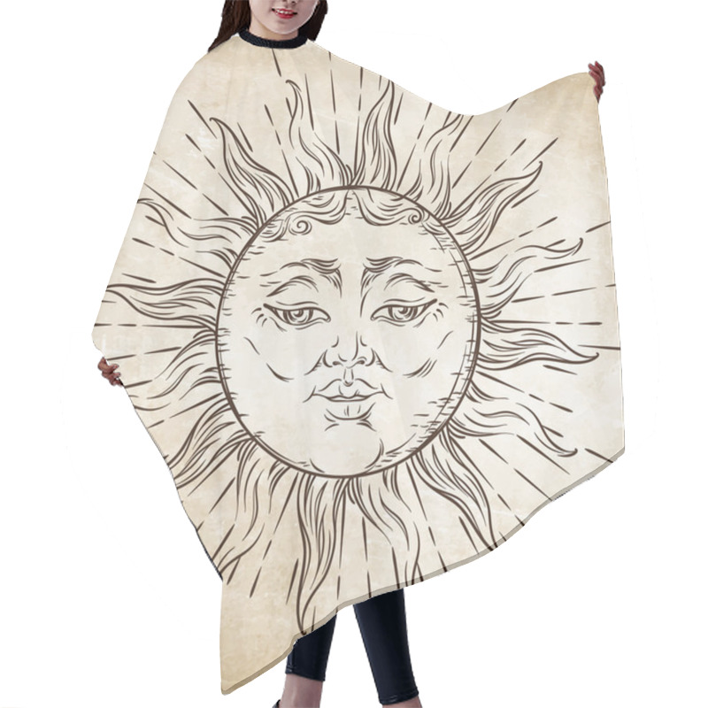 Personality  Antique Style Hand Drawn Art Sun. Boho Chic Tattoo Design Vector Hair Cutting Cape