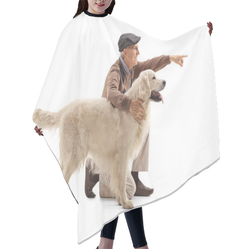 Personality  Elderly Man Showing Something To His Dog Hair Cutting Cape