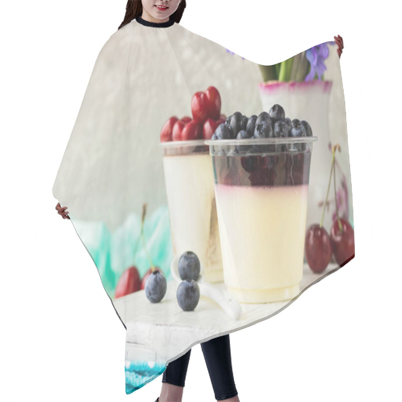 Personality  Italian Pana Cota With Berry Jam And Fresh Blueberries On A Light Background Hair Cutting Cape