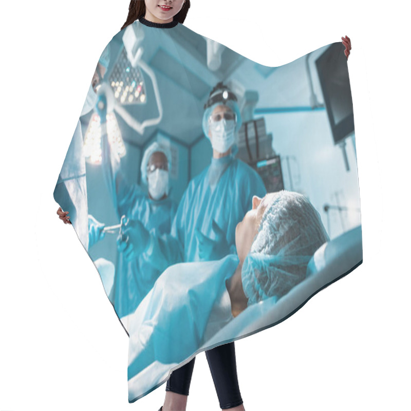 Personality  Patient Lying On Operating Table In Surgery Room Hair Cutting Cape